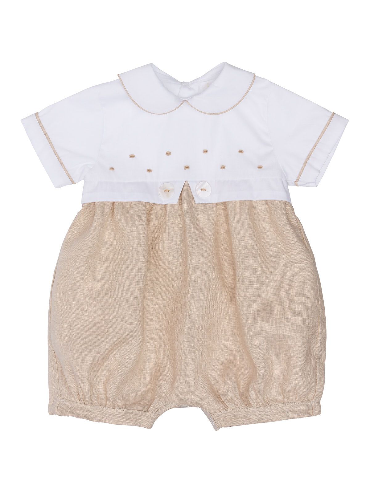 linen baptismal romper with embroidery