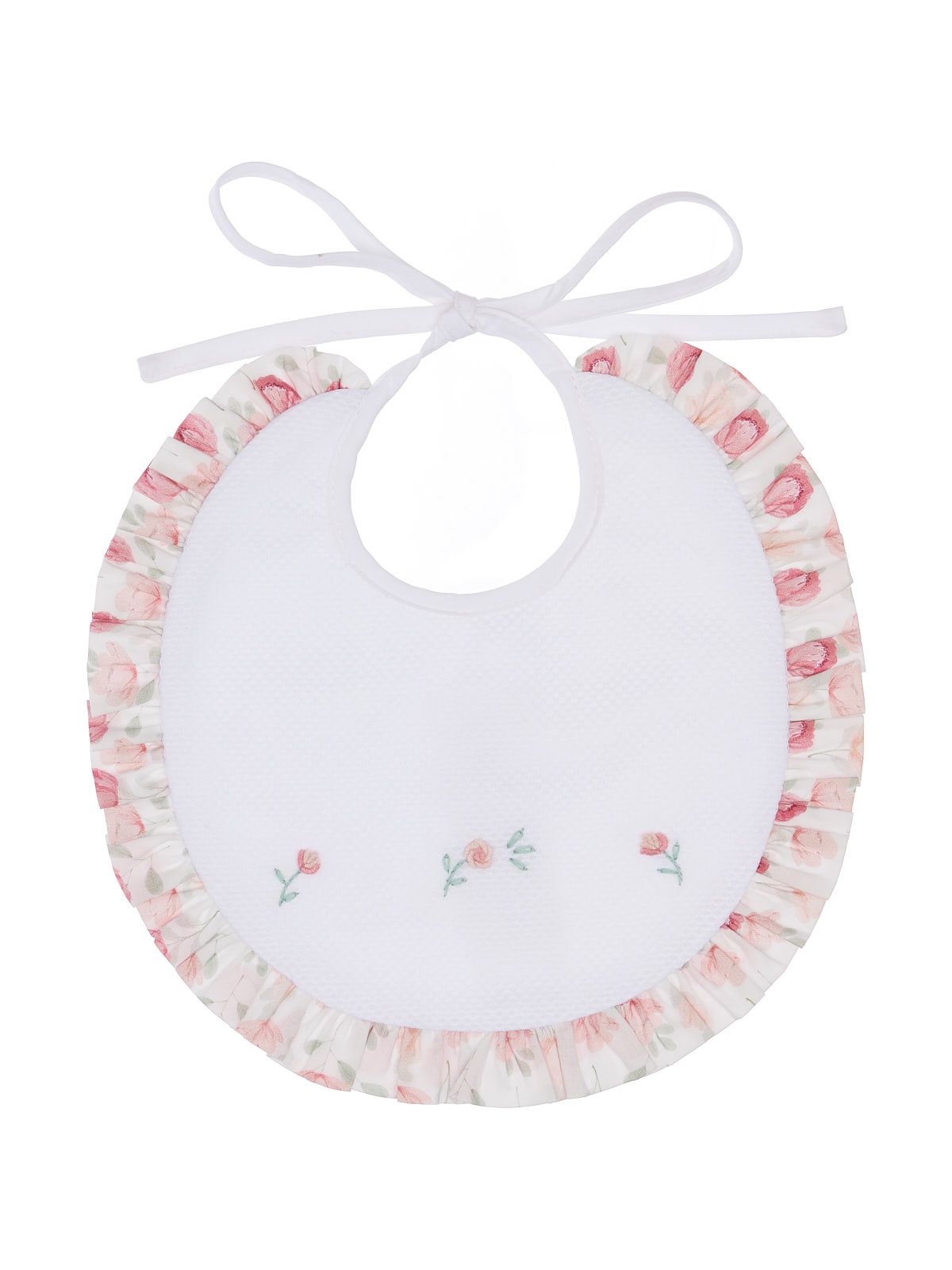 bavaglino con frill in tessuto stampato a fiori piccoli e ricamo boccioli di rosa