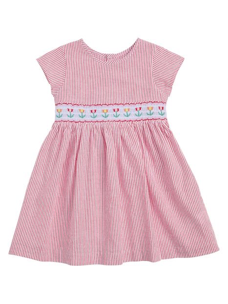 seersucker stripes dress with tulips on smock and SHORT SLEEVES