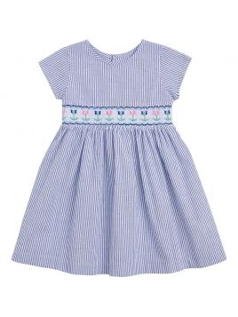 seersucker stripes dress with tulips on smock and SHORT SLEEVES