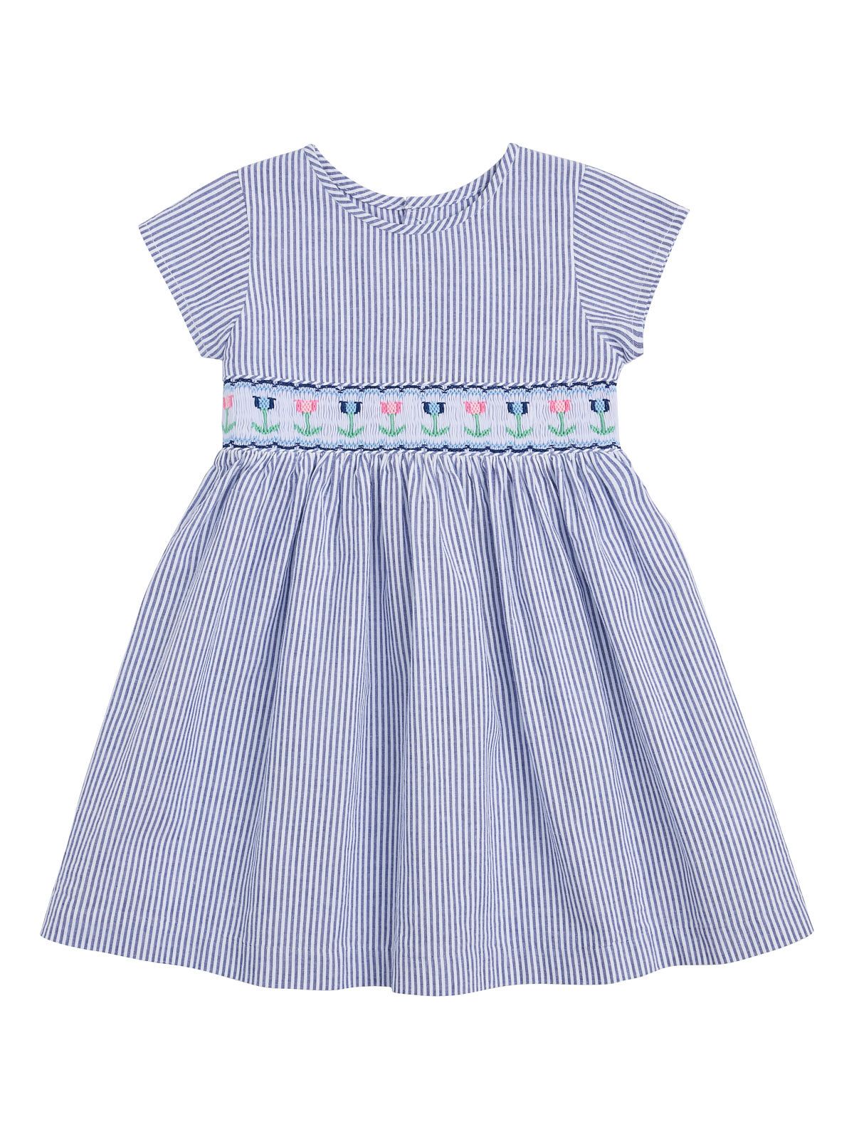 vestito a righe goffrate con tulipani su smock a MANICA CORTA
