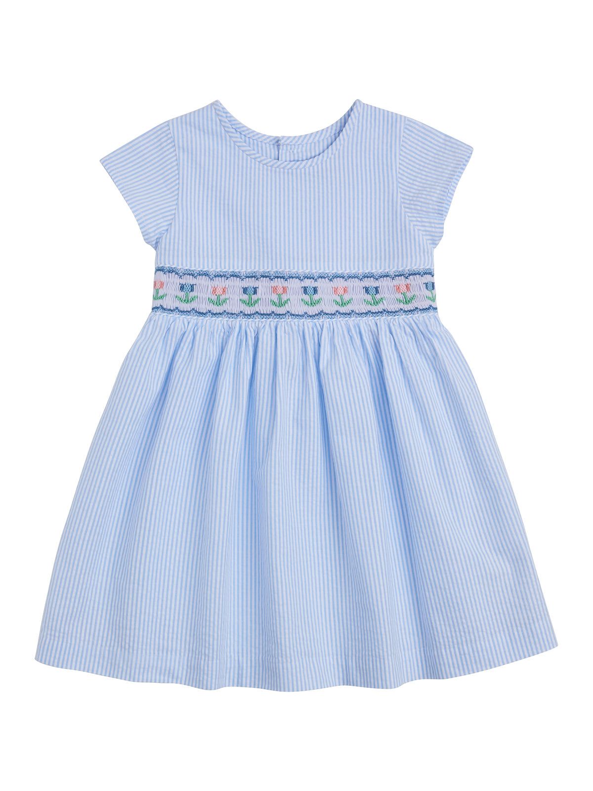 vestito a righe goffrate con tulipani su smock a MANICA CORTA