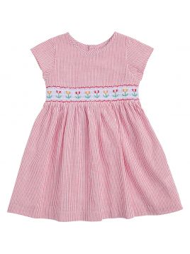 vestito a righe goffrate con tulipani su smock a MANICA CORTA