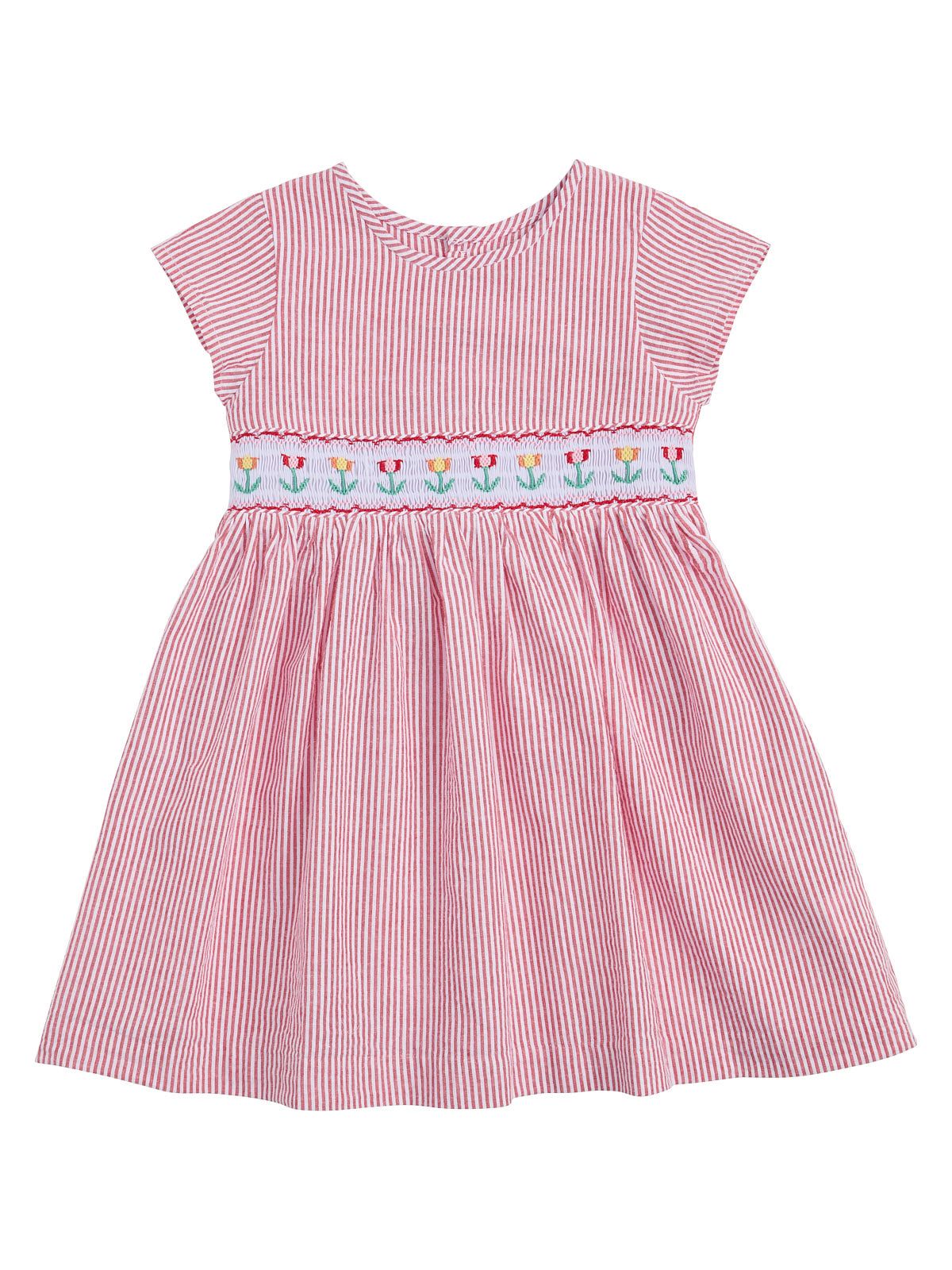 seersucker stripes dress with tulips on smock and SHORT SLEEVES