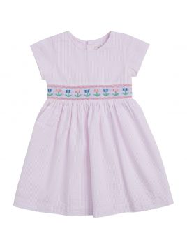 seersucker stripes dress with tulips on smock and SHORT SLEEVES