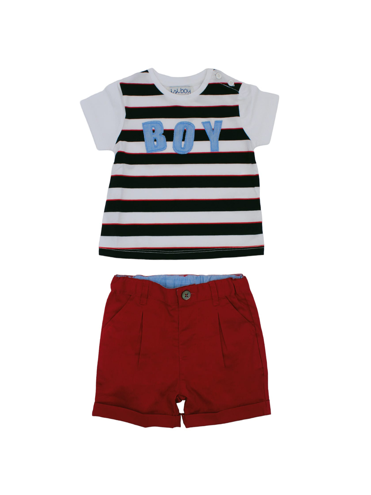 t-shirt a righe con patch BOY + bermuda in drill 