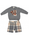 wool/cashmere pullover with squirrel jacquard + tartan bermuda