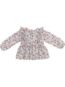 camicia in twill stampato a fiori grandi con ruche