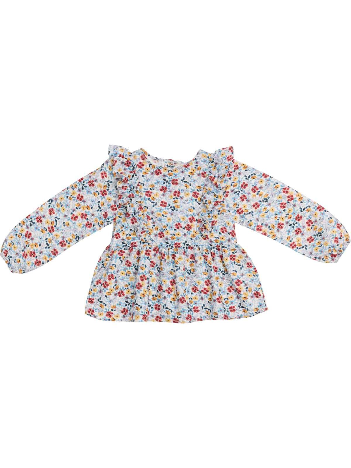 big flowers printed twill shirt with ruche