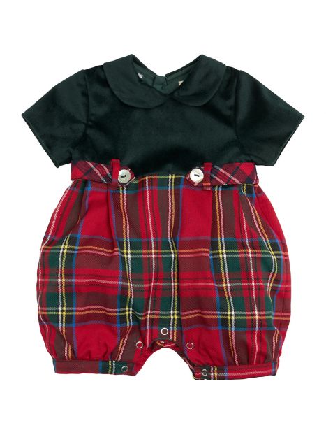 tutina in tartan e velluto con dettaglio bottoni