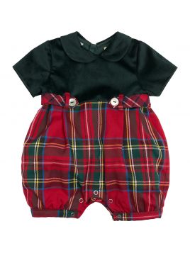tutina in tartan e velluto con dettaglio bottoni