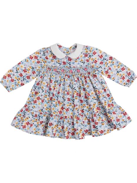 vestito in twill stampato a fiori grandi con smock a MANICA LUNGA