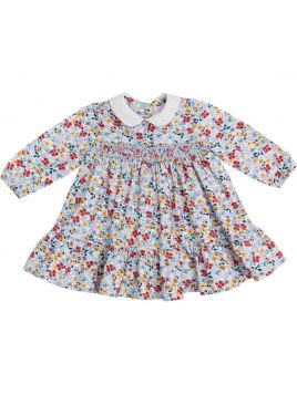 vestito in twill stampato a fiori grandi con smock a MANICA LUNGA