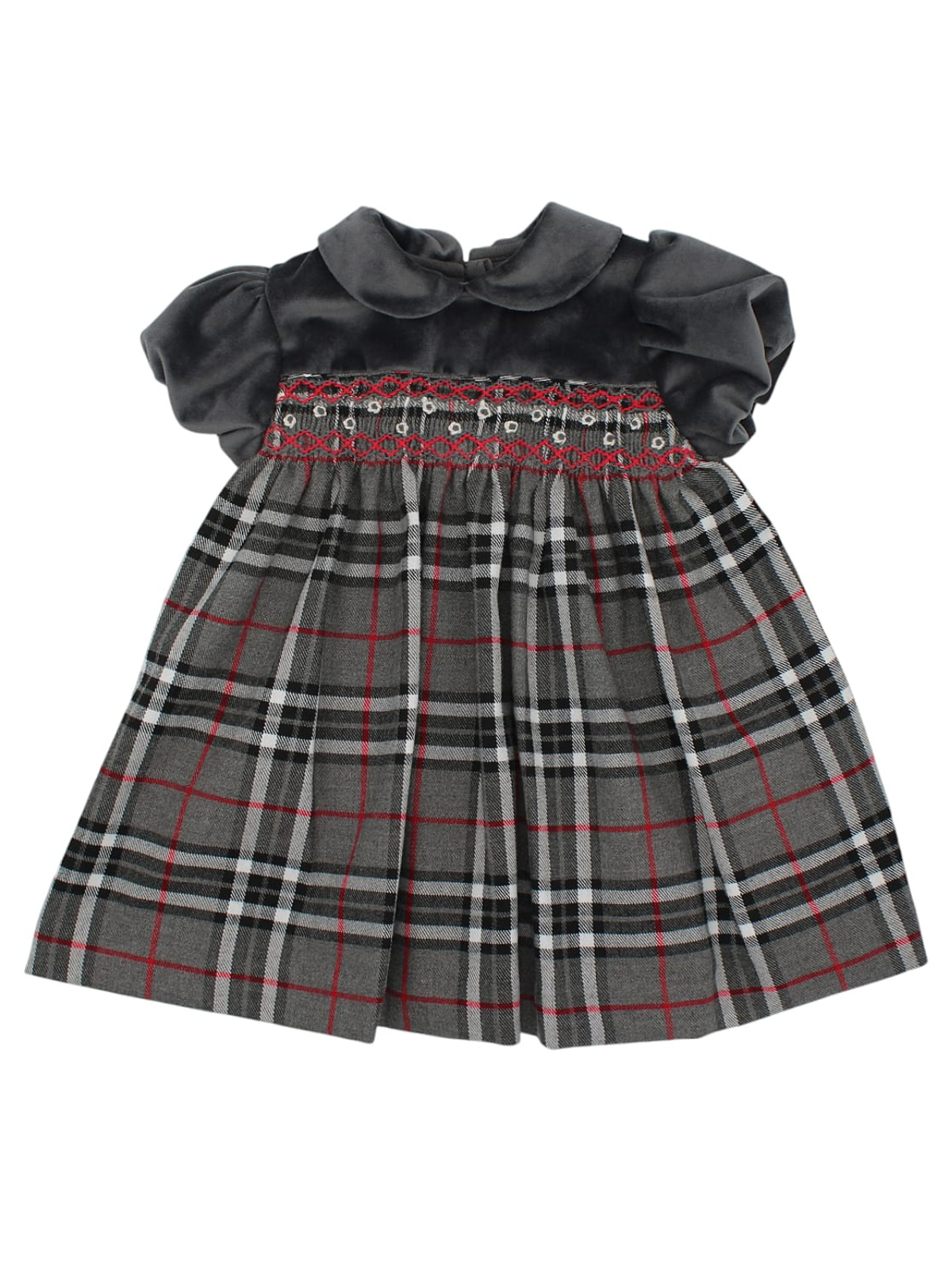 vestito in tartan e velluto con smock