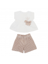 T-shirt with crocheted flowers and ribbon + seersucker checks shorts 