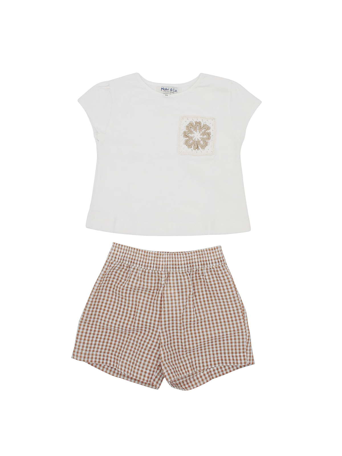 T-shirt con tasca all'uncinetto + shorts a quadretti goffrati 