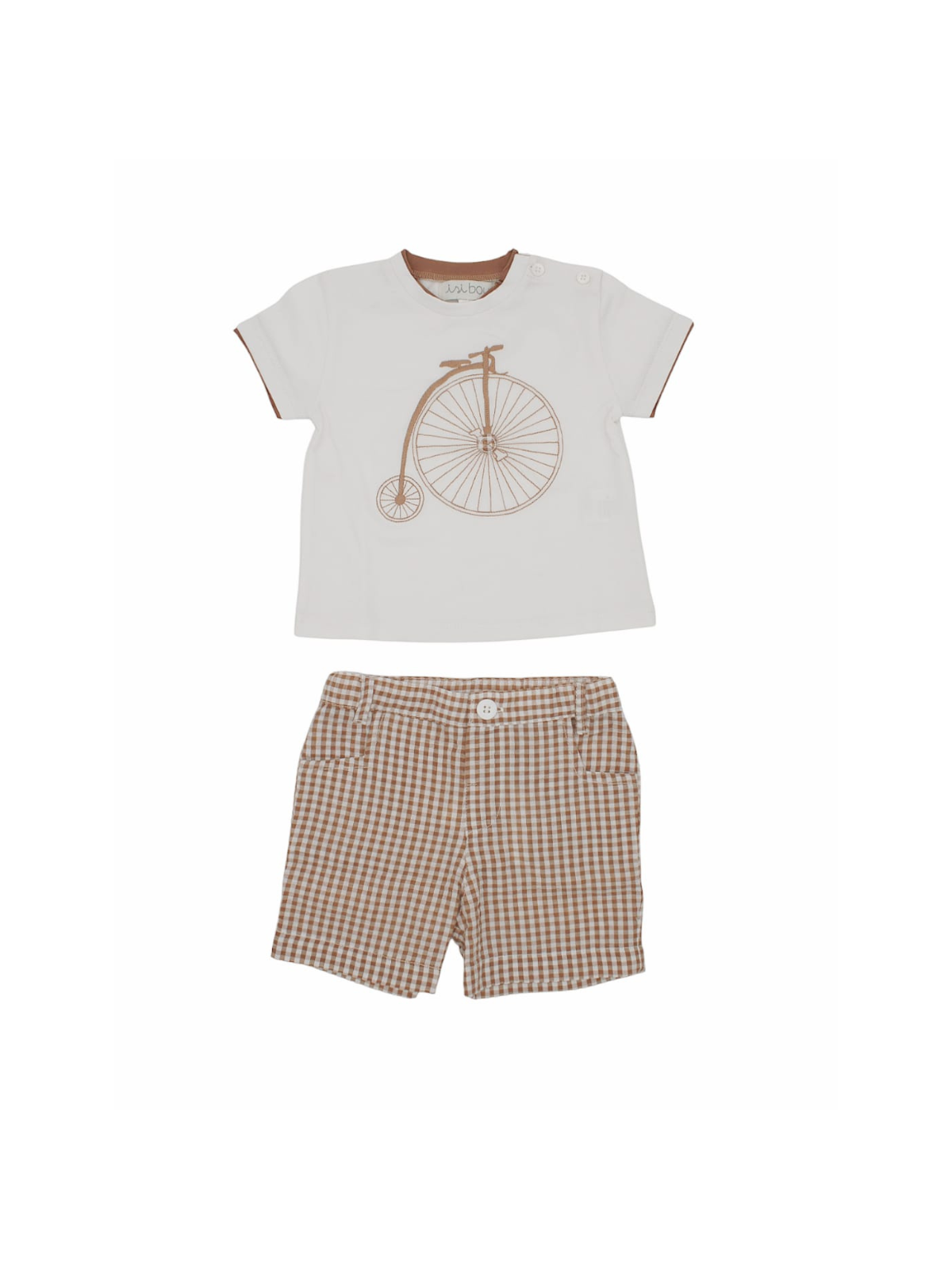 T-shirt con ricamo e patch bicicletta + bermuda a quadretti goffrati