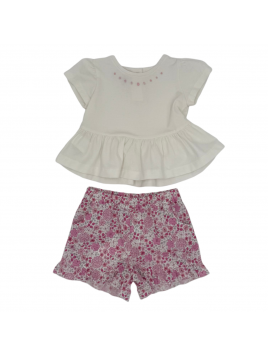 t-shirt bimba con rouche e ricamo  + pantaloncini con ruche in tessuto stampato