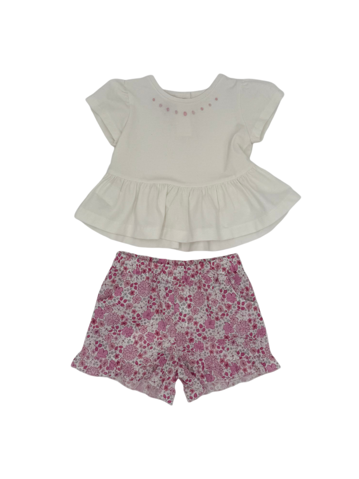 t-shirt bimba con rouche e ricamo  + pantaloncini con ruche in tessuto stampato