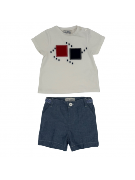 t-shirt bimbo con patch geometrico + bermuda bimbo in tela di cotone