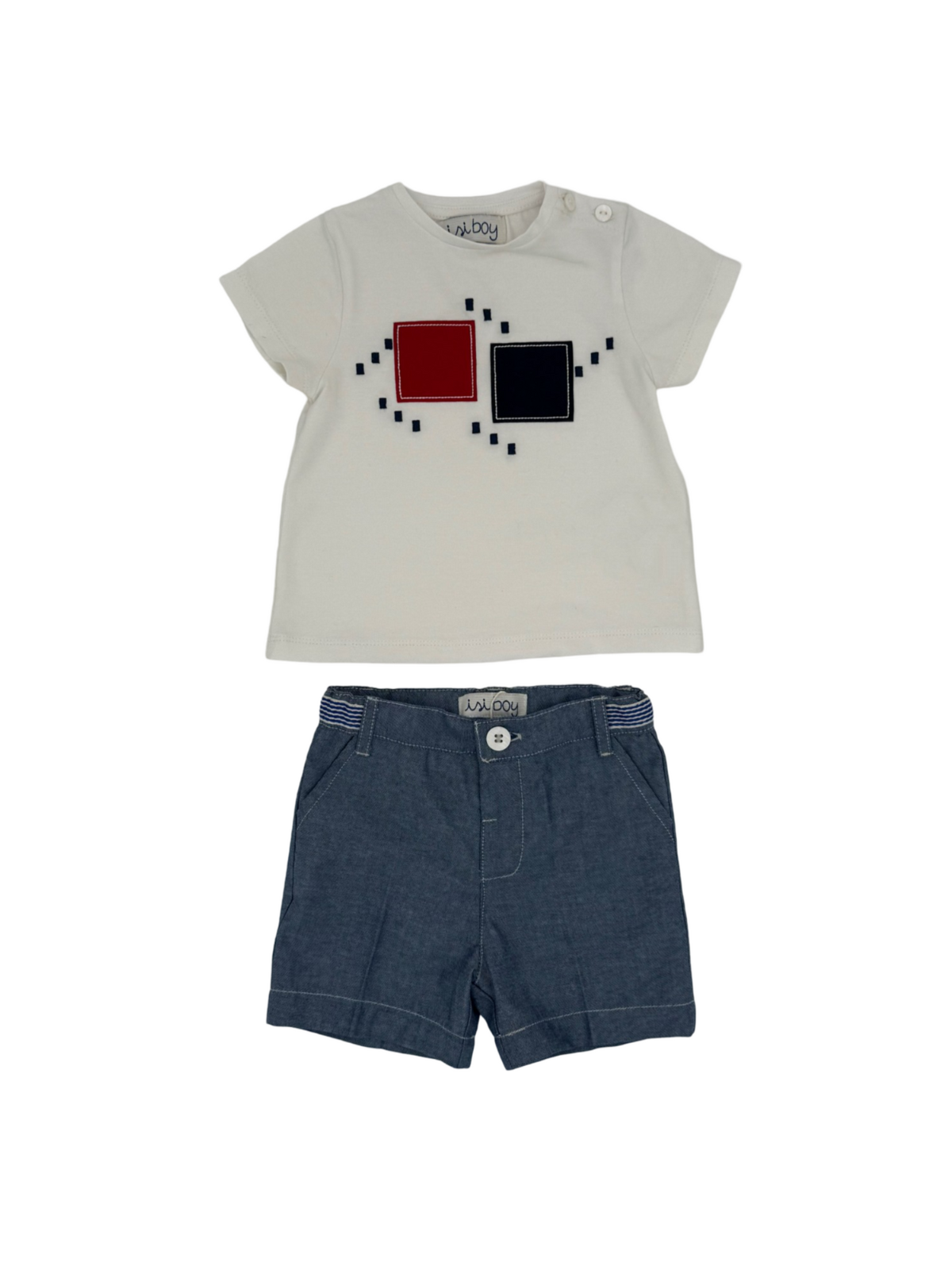 t-shirt bimbo con patch geometrico + bermuda bimbo in tela di cotone