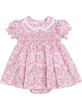 fashion printed fabric dress with smock and SHORT SLEEVES