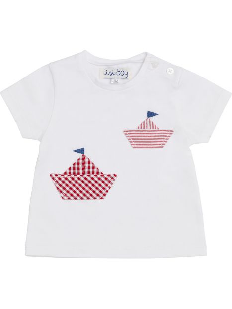 jersey T-shirt with seersucker checks and stripes patch small boat