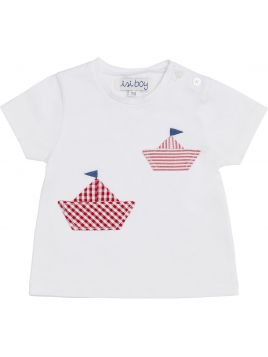 T-shirt in jersey con patch barchetta a quadretti e righe goffrati
