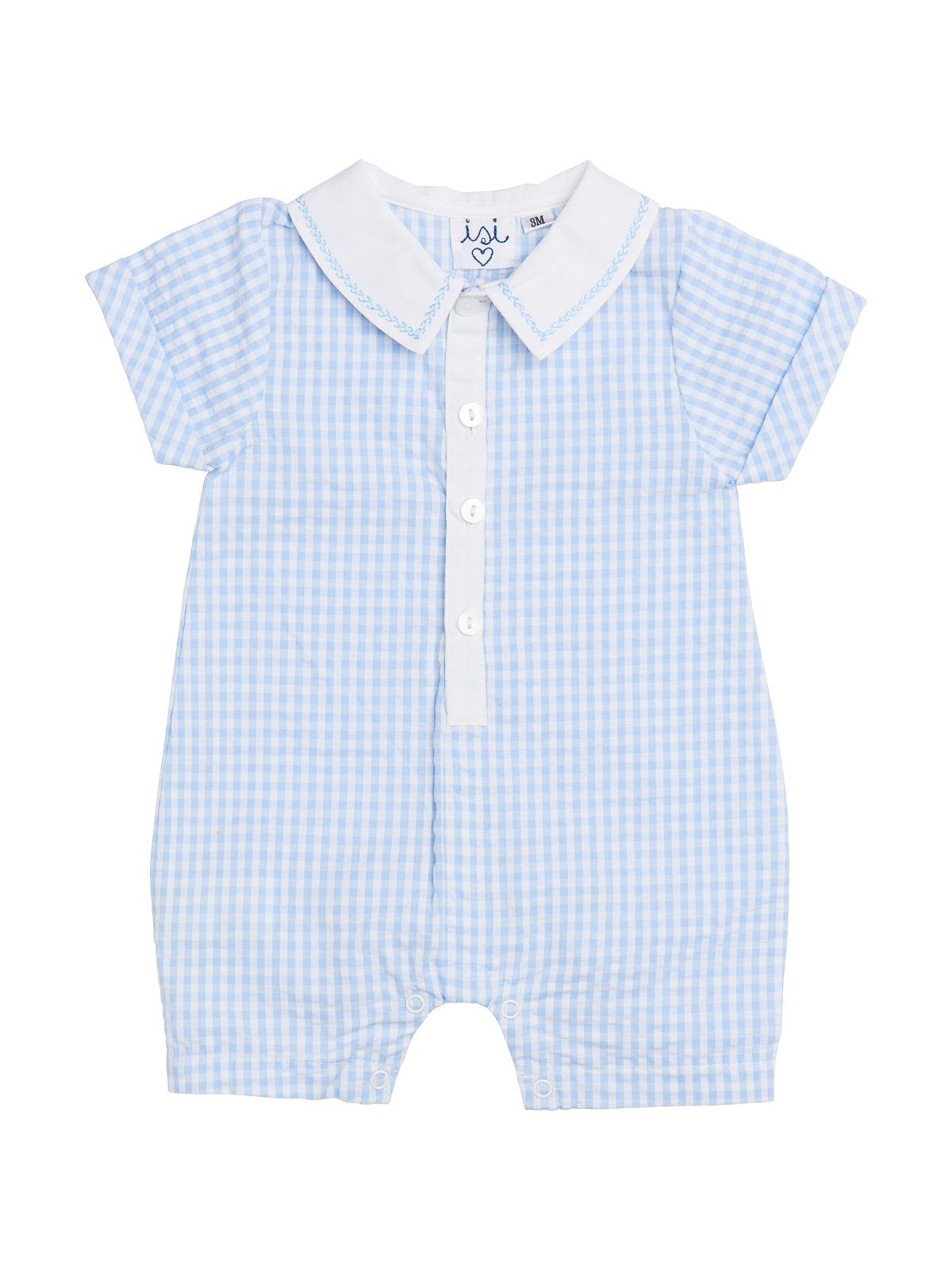 seersucker checks and buttons romper with embroidery on collar
