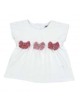 jersey sleeveless T-shirt with seersucker checks and stripes ribbons 