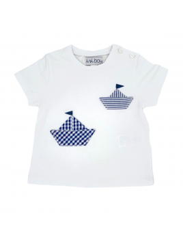 T-shirt in jersey con patch barchetta a quadretti e righe goffrati