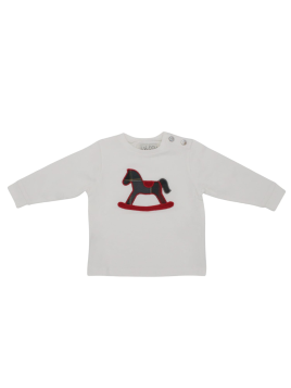 T-shirt in jersey con patch cavallo a dondolo in tartan