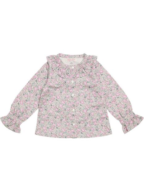 camicia in twill stampato moda con ruche