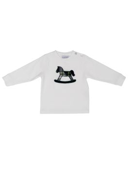 T-shirt in jersey con patch cavallo a dondolo in tartan