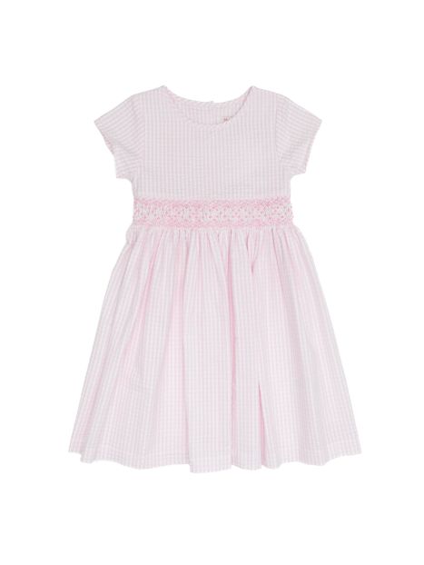 vestito a quadretti goffrati con smock in tono a MANICA CORTA