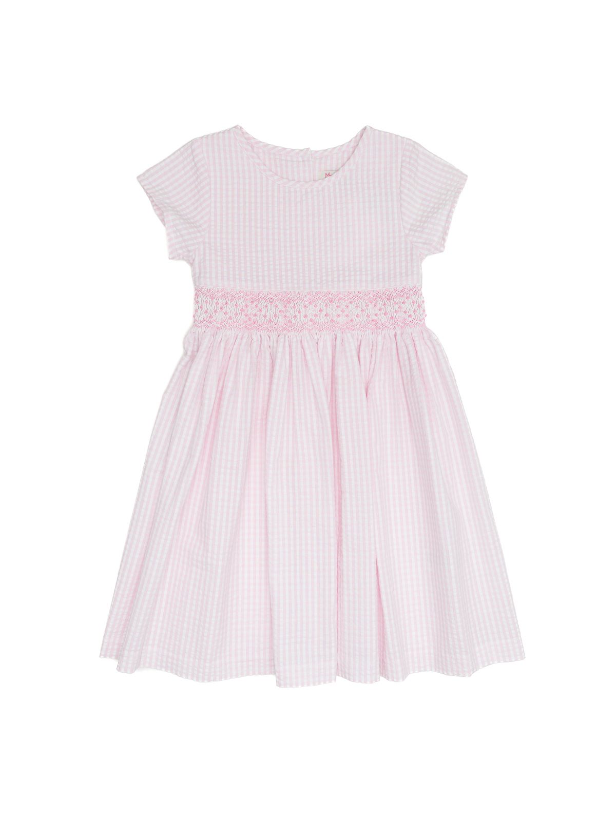 seersucker checks dress with smock on tone and SHORT SLEEVES