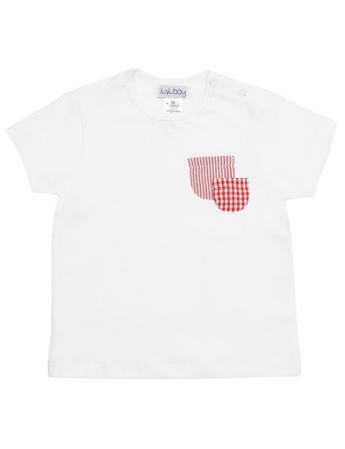 T-shirt bimbo in jersey con taschini a quadretti e righe goffrati