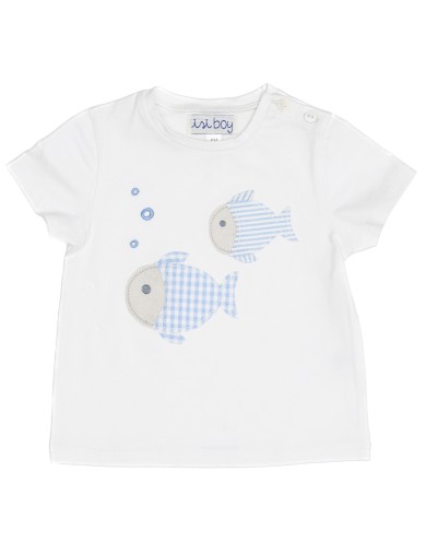 T-shirt bimbo in jersey con patch pesci a quadretti e righe goffrati