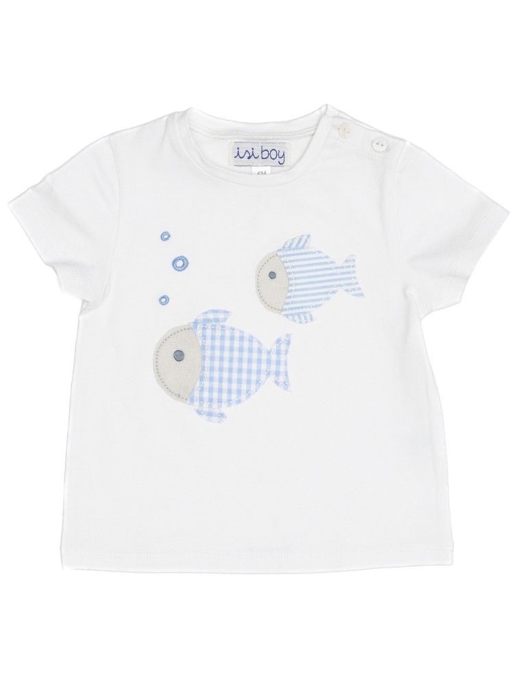 T-shirt bimbo in jersey con patch pesci a quadretti e righe goffrati