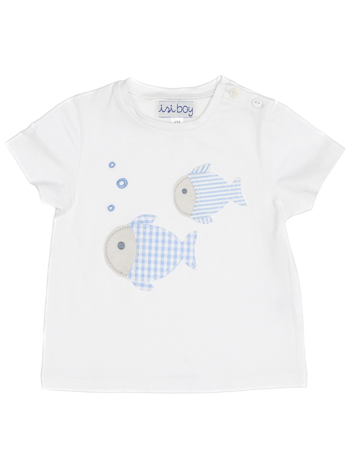 T-shirt bimbo in jersey con patch pesci a quadretti e righe goffrati