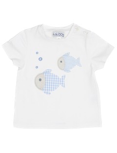 T-shirt bimbo in jersey con patch pesci a quadretti e righe goffrati