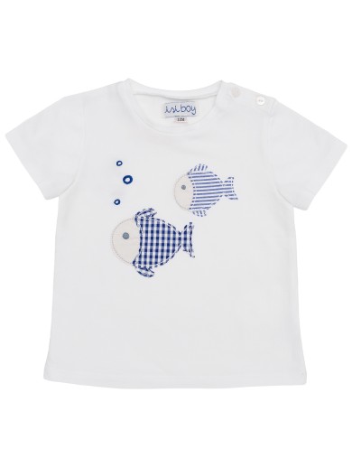 T-shirt bimbo in jersey con patch pesci a quadretti e righe goffrati