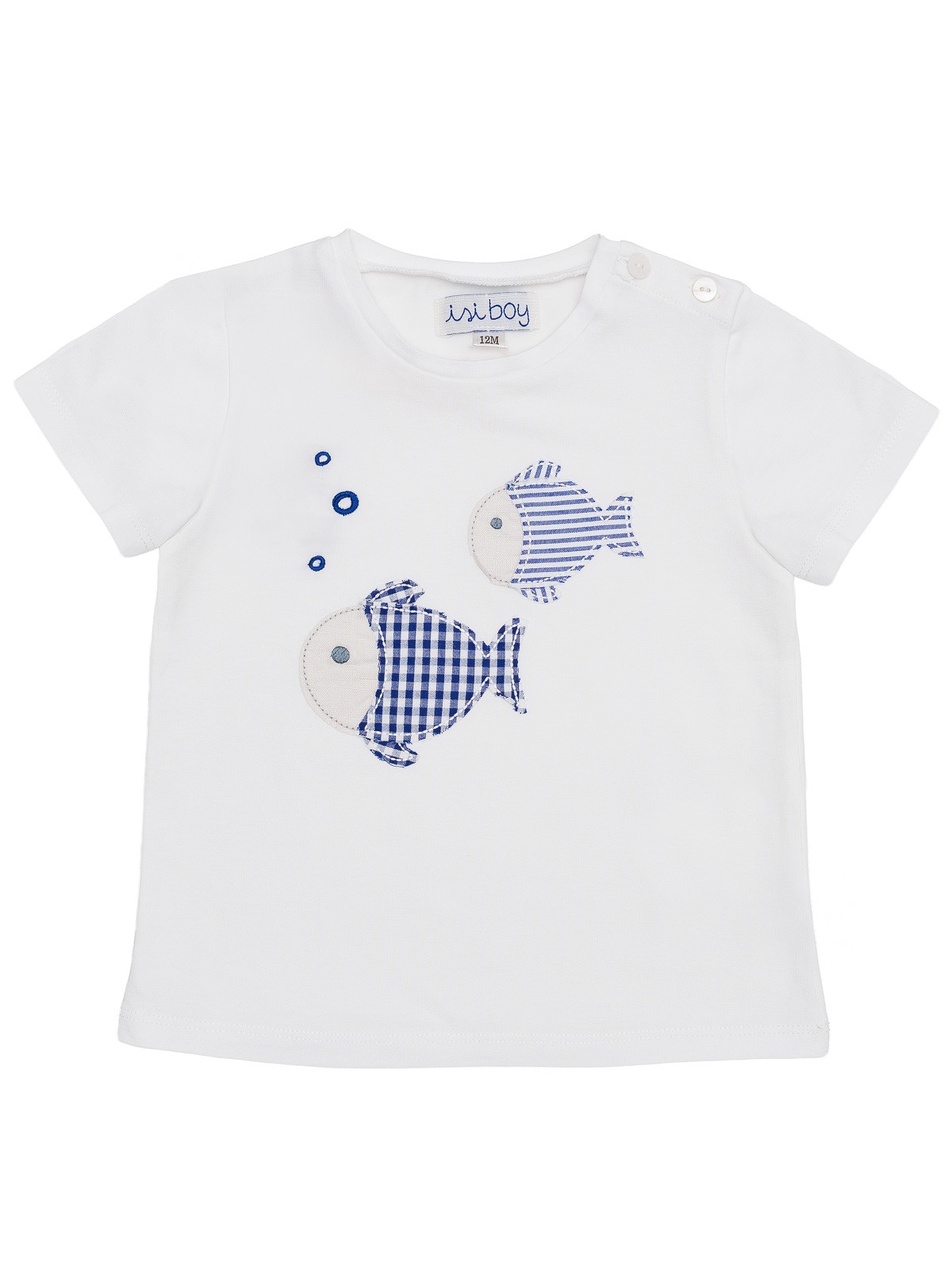 T-shirt bimbo in jersey con patch pesci a quadretti e righe goffrati