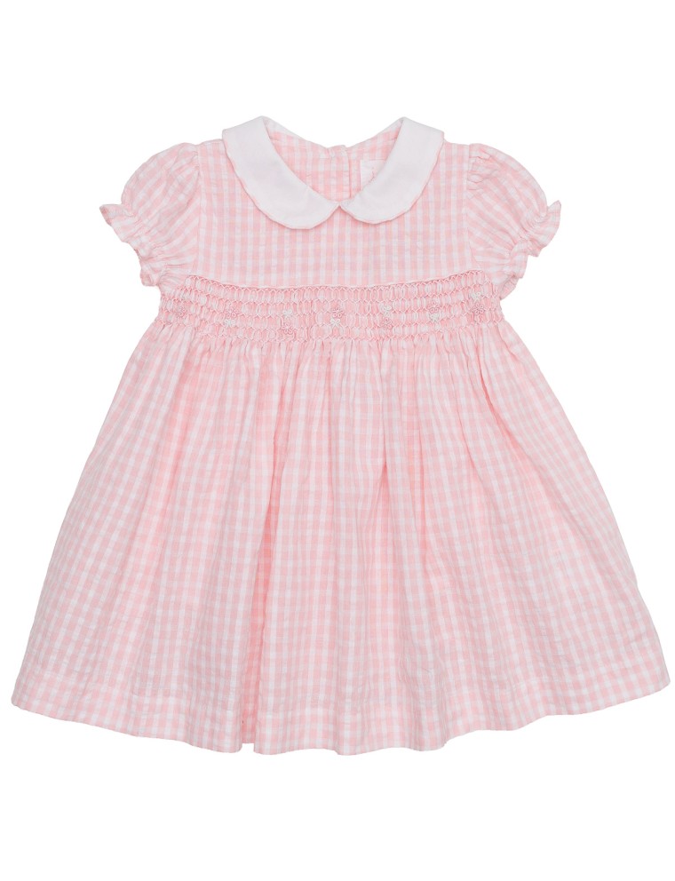 seersucker checks dress with smock and SHORT SLEEVES
