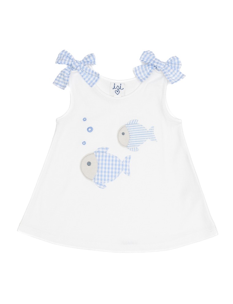 vestito in jersey piquet con patch pesci a quadretti e righe goffrate