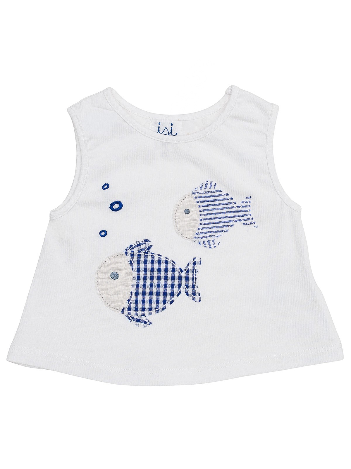 T-shirt smanicata in jersey patch pesci a quadretti e righe goffrate 