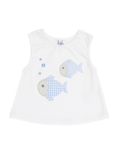 jersey sleeveless T-shirt with seersucker checks and stripes small fish patch
