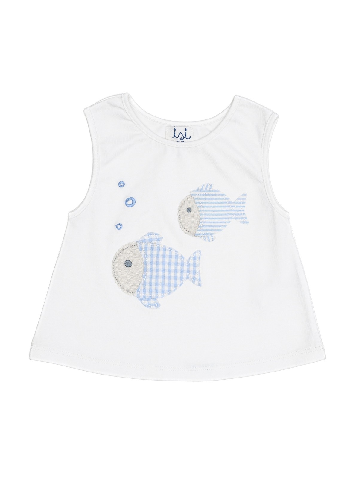jersey sleeveless T-shirt with seersucker checks and stripes small fish patch