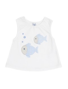 jersey sleeveless T-shirt with seersucker checks and stripes small fish patch