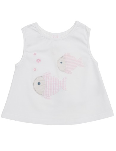 T-shirt smanicata in jersey patch pesci a quadretti e righe goffrate 